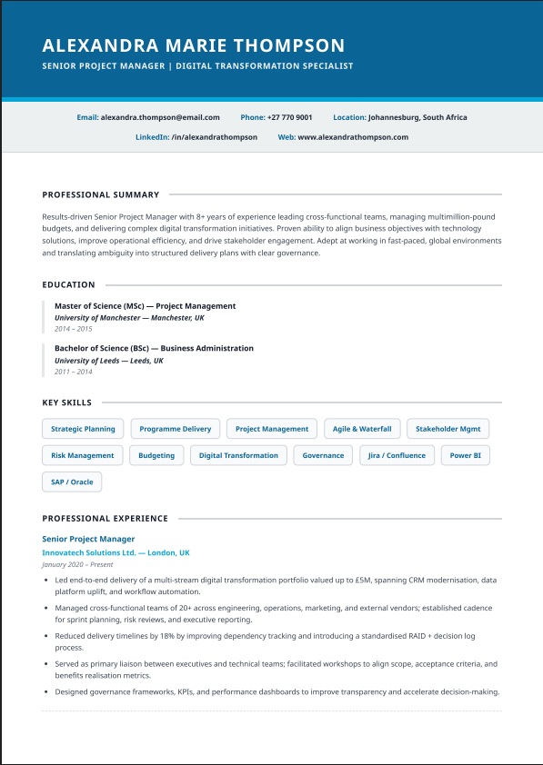 Modern Linear CV template - ATS-friendly single-column design