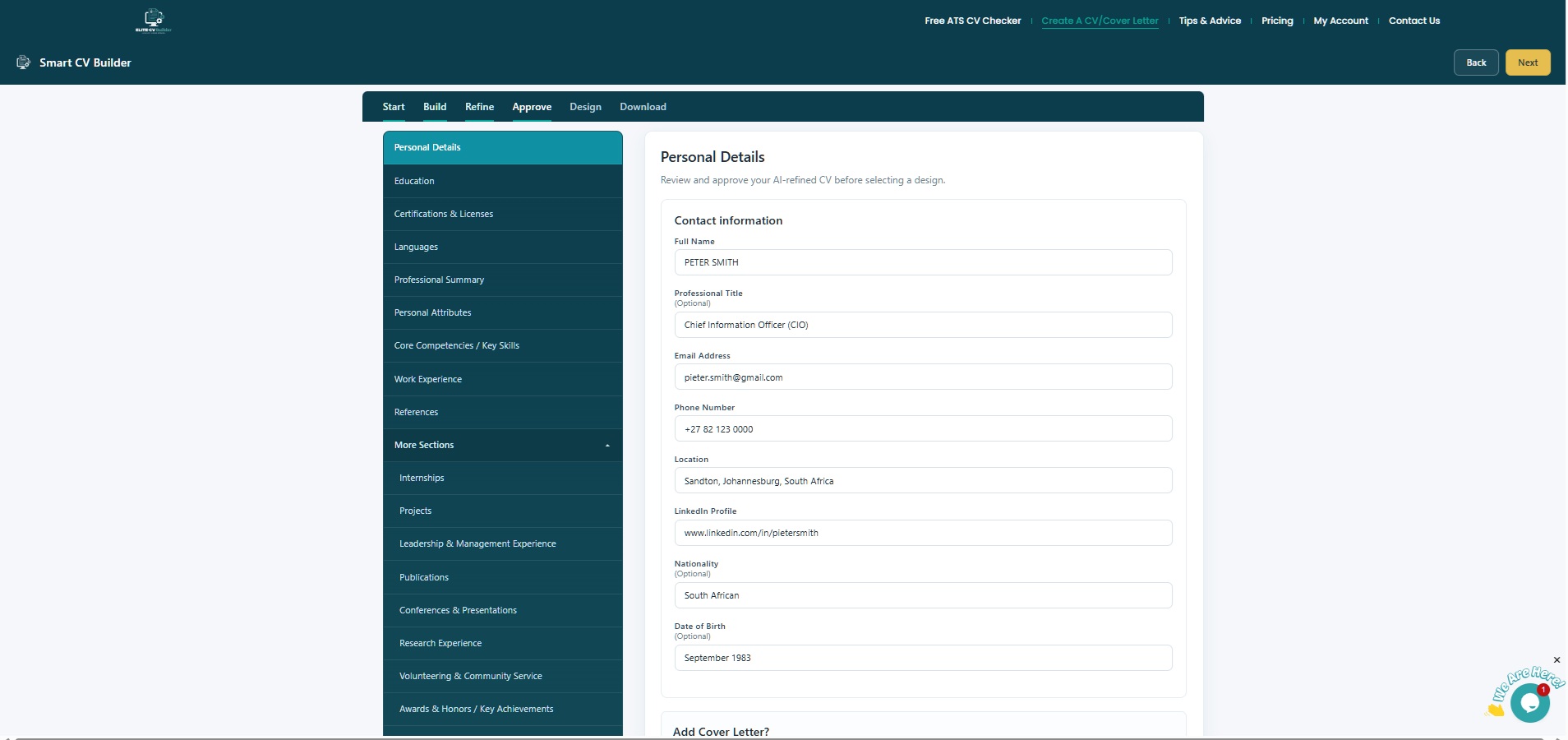 AI rewriting screen showing 45% progress bar and Rewriting your CV with AI loading modal