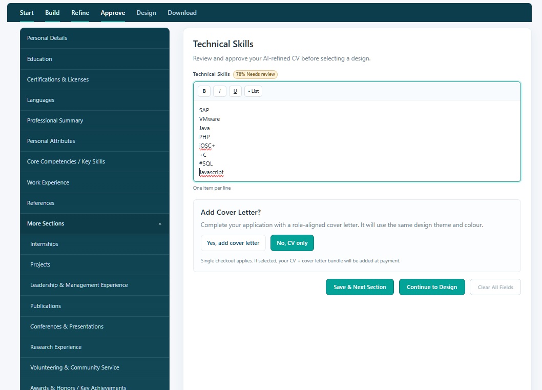 Approve stage showing Personal Details section with all fields pre-filled and review prompt