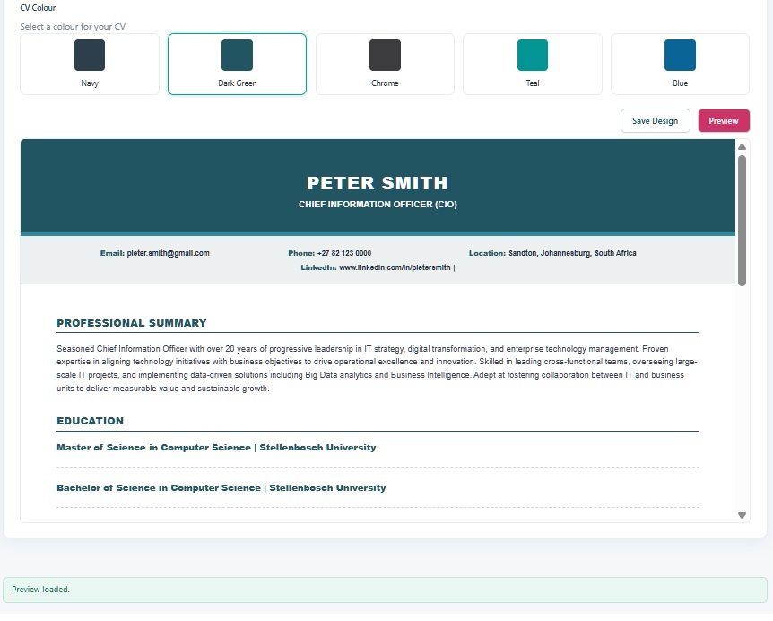 Design stage showing four CV template options and five colour swatches