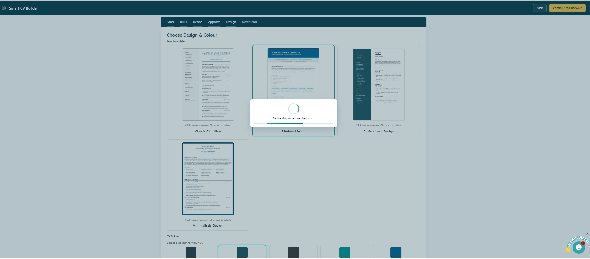 CV preview loaded showing Modern Linear Dark Green design with Peter Smith's details, professional summary and education