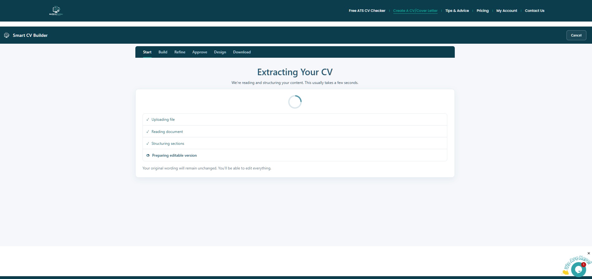 Uploading your CV loading screen with spinner