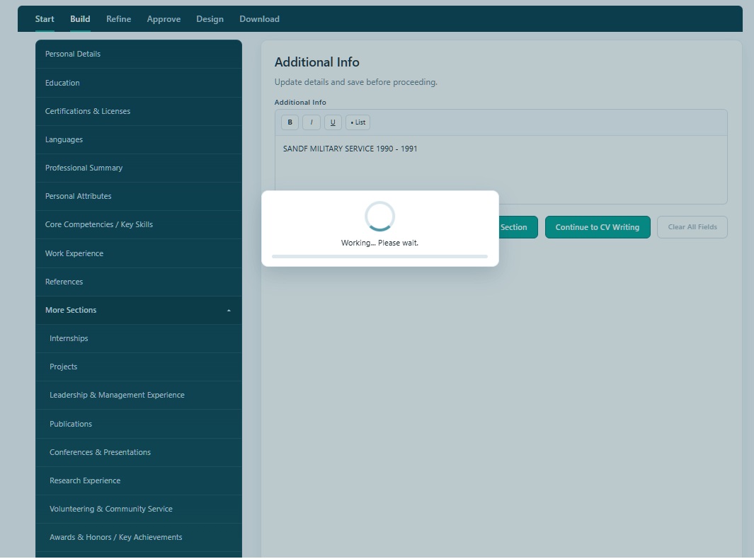 Build stage showing the Education section editor with navigation menu on the left