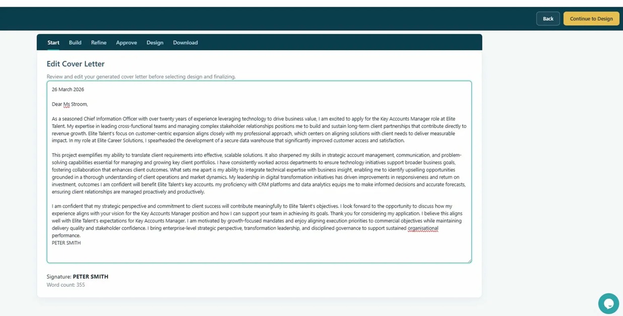 Edit Cover Letter screen showing the AI-generated letter in an editable text area with word count shown