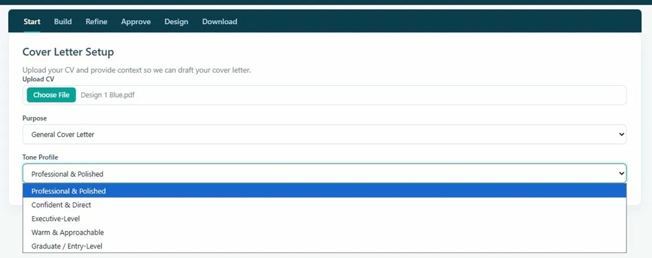 General Cover Letter setup view showing only the Upload CV, Purpose and Tone fields